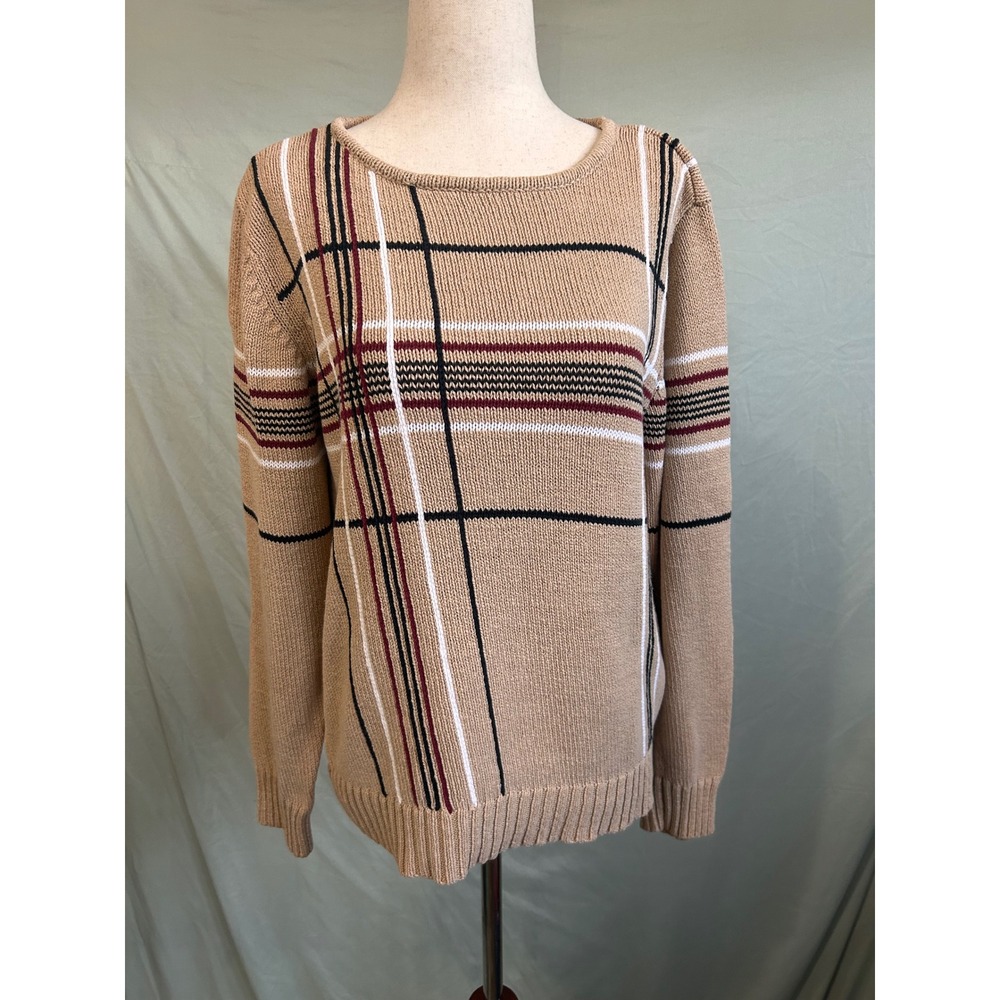 Liz Claiborne Liz & Co Tan Plaid Cotton Blend Crew Neck Sweater Womens Large